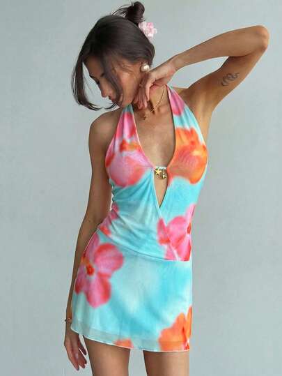 Aloruh New Bright Summer European & American Vacation Style Yellow Floral Tie Dye Deep V Neck Backless Mini Bodycon Dress