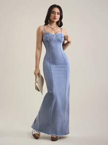 SHEIN Tall 女士修身鱼尾下摆优雅吊带牛仔连衣裙 - 淺色水洗藍 - 查看 6