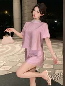 DAZY Women's Elegant Beaded Collar Blouse & Shorts 2 Pieces Set, Summer - Pink - View 1