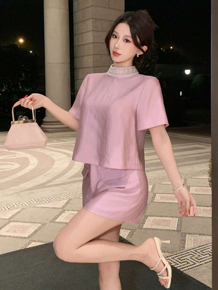 DAZY Women's Elegant Beaded Collar Blouse & Shorts 2 Pieces Set, Summer - Pink - View 1