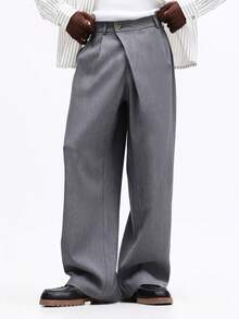 SUMWON Pantalones de vestir de corte relajado premium para oficina, trabajo, eventos formales y ocasiones profesionales. Pantalones de pierna ancha con detalle de frente plisado. - Gris - Ver 1
