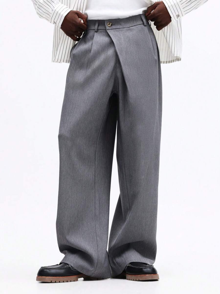 SUMWON Pantalones de vestir de corte relajado premium para oficina, trabajo, eventos formales y ocasiones profesionales. Pantalones de pierna ancha con detalle de frente plisado. - Gris - Ver 1