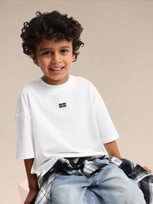 SUMWON Boys Oversized Crew Neck T Shirt With Star Logo Print Summer Casual Cotton Top - White - View 5