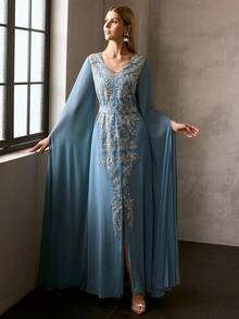 MOTF PREMIUM WOMEN'S ELEGANT V-NECK FLOOR-LENGTH PARTY GOWN , SPARKLY BEADS & SEQUIN EMBELLISHMENTS, DETACHABLE WAIST BELT & FITTED SILHOUETTE , PERFECT FOR HOLIDAY PARTIES, FORMAL EVENTS & FESTIVE OCCASIONS - Blue - View 4