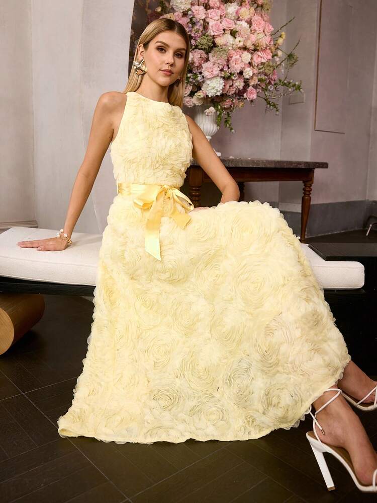 WOMEN'S SLEEVELESS ROMANTIC TEXTURED SATIN BELTED MIDI DRESS