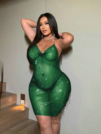 NU&NOW Vestido con cadena de malla con decoración de strass para fiesta de vacaciones en la playa