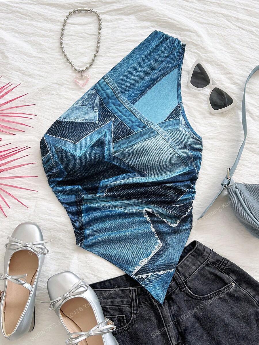 Soleia 女士不对称下摆牛仔效果不对称肩部衬衫，适合情人节、音乐节、下午茶、度假等场合穿着。 - 藏蓝色 - 查看 1