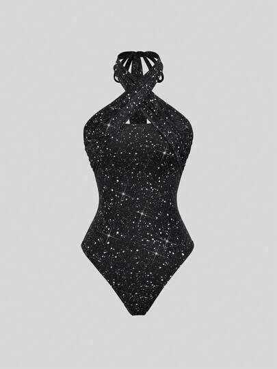 Sweetra Petite Sexig halterneckbody med paljetter och korsband för kvinnor, snygg för vår/sommar