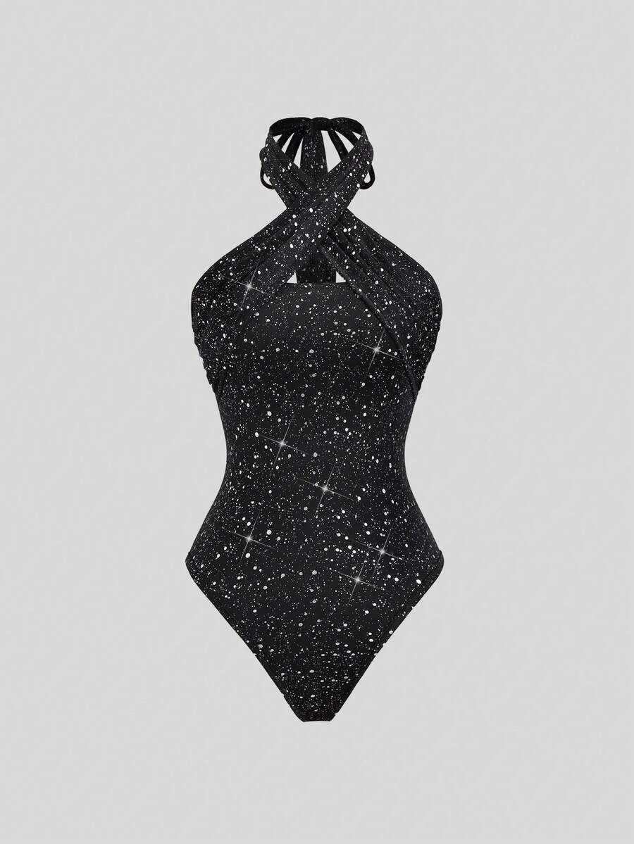 Sweetra Petite Women's Sexy Sequin Criss-Cross Halter Bodysuit, Stylish For Spring/Summer - Black - View 1