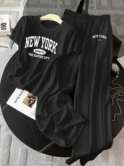 Resyla 女士字母印花圆领短袖褶皱T恤和阔腿裤休闲两件套