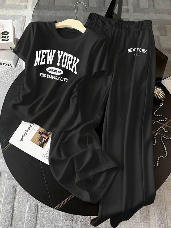 Resyla 女士字母印花圆领短袖褶皱T恤和阔腿裤休闲两件套