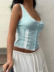 Sunnyshic Lace Patchwork Scoop Neck Fitted Front Button Camisole - Baby Blue - View 4