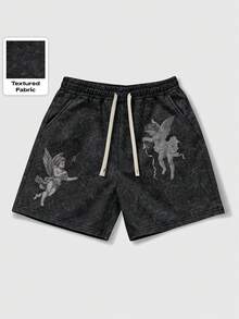 ROMWE MEN Street Life Herren Lässig Bedruckte Shorts - Schwarz - Übersicht 1