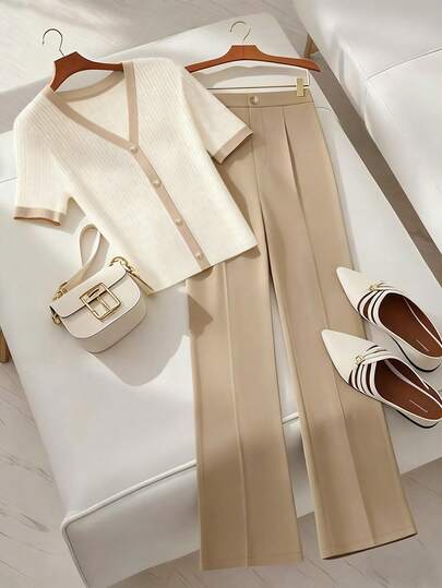 Franclia Women's Elegant Daily Office Commute Button-Front Short Sleeve Top And Straight Leg Pants 2 Pieces Set Beige Two Piece Set Cream Two Piece Set Neutral Outfits Set Outfit For Women Elegant Pant Suit Summer Sets