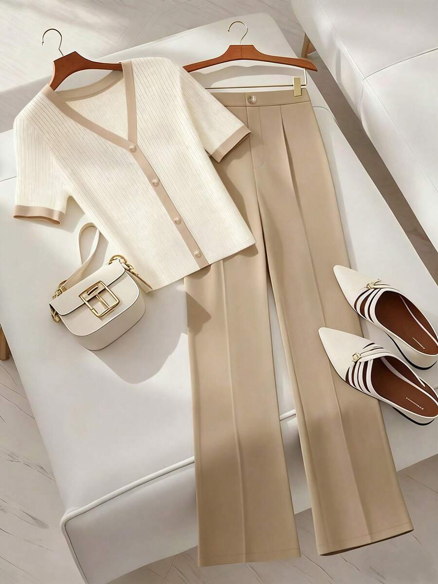 Franclia 女士优雅日常办公通勤纽扣短袖上衣和直筒裤两件套 - 彩色 - 查看 1