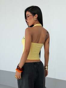 StreetHx 女士黄色V领数字学院风印花街头休闲上衣，适合度假、音乐节、Y2K少女风2000年代风格吊带背心 - 黃色 - 查看 2