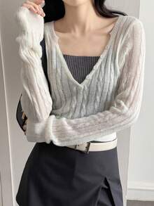 DAZY 女士纯色休闲长袖舒适半透明短款毛衣 - 白色 - 查看 2