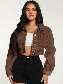 SHEIN PETITE Chaqueta corta de mezclilla con botones delanteros y bolsillos, estilo lavado de calle para mujer - Café integral - Ver 3