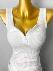 Lalippa 女士纯色纽扣半开襟休闲罗纹背心 - 白色 - 查看 5