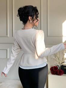 DAZY Frühlings-/Sommer-Lässig Volant Patchwork Langarm Bluse für Frauen, elegant für Büro, Hochzeit, Valentinstag - Aprikosenfarben - Übersicht 3