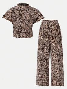 2件套女童豹纹圆领褶皱休闲T恤和打底裤套装 - 黑色 - 查看 3