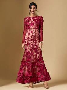 Briarwyn 女士优雅派对3D立体花卉刺绣网纱连衣裙 - 酒紅色 - 查看 5