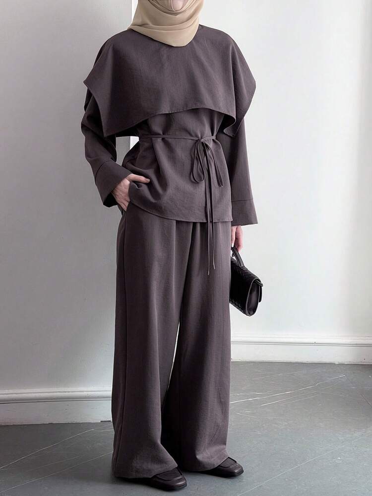 2pcs Women Casual Solid Color Long Sleeve Top And Pants Set, Autumn