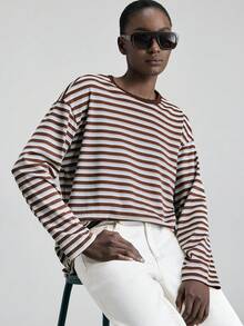 Ontre 2026SS New Spring/Summer Striped Long Sleeve Round Neck Top, Loose Fit, Business Casual Commuter Wear - Coffee Brown - View 6