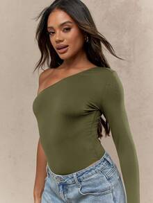 MISSGUIDED Asymmetric One Shoulder Long Sleeve Ribbed Bodysuit For Fall Winter Casual Wear - Army Green - View 4