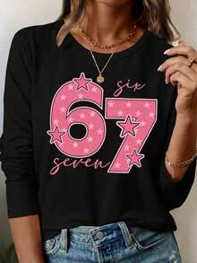 EMERY ROSE Women's Casual Long Sleeve T-Shirt With Letter And Number Print - Black - View 1