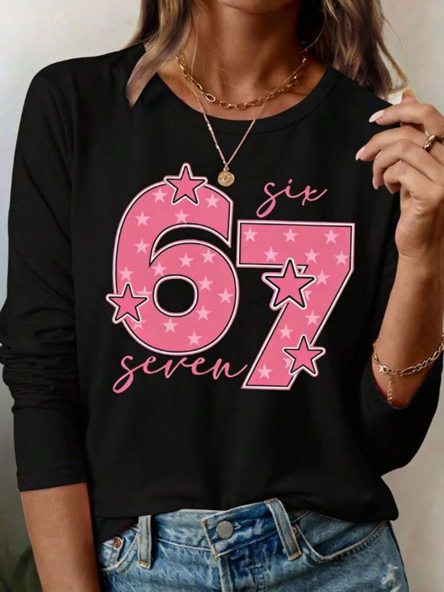 EMERY ROSE Women's Casual Long Sleeve T-Shirt With Letter And Number Print - Black - View 1