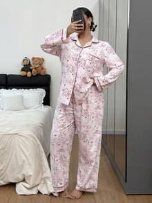 Dream Adore Bộ đồ ngủ cardigan họa tiết hoa màu tím, cỡ lớn - Màu tím - Xem 3