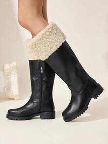 CUCCOO CHICEST Women's Patchwork Faux Fur Lined Tall Casual Boots Valentine's Day - Black - View 4