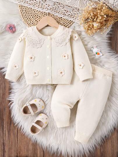 SHEIN Vintaside Kids 女婴时尚可爱花卉装饰长袖开衫和针织长裤套装