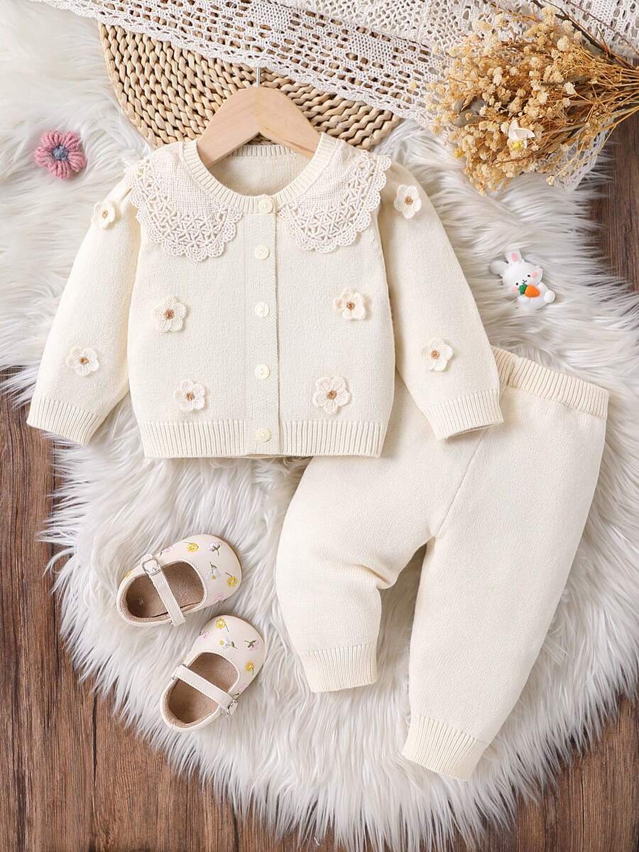 SHEIN Vintaside Kids Dziewczynki stylowy, uroczy, kwiatowy sweter z długim rękawem, kardigan i dzianinowe długie spodnie - Morela - Zobacz 1