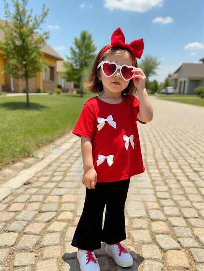 2pcs Baby Girl Cute Red T-Shirt With White Bow Decor Round Neck Short Sleeve Top And Elastic Waist Flare Pants Set