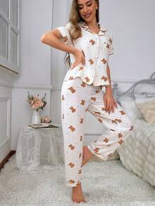 Bear Printed Colorblock Pajama Set With Contrast Trimmed Lapel Collar - Beige - View 3