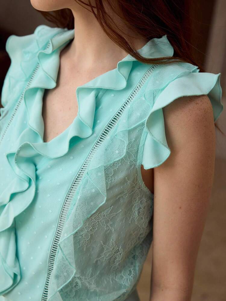 여성용 러플 레이스 트림 로맨틱 데이트 민소매 점프수트, 봄/여름