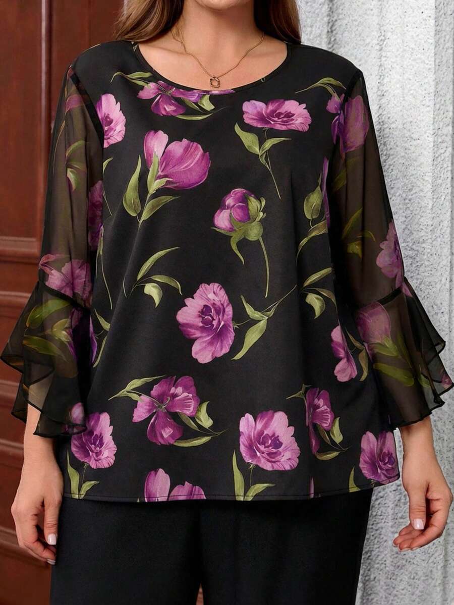 EMERY ROSE Plus Size Boho Multicolor Random Print Blouse With Round Neck And Three Quarter Flare Sleeves Woven Fabric Top - Multicolor - View 1