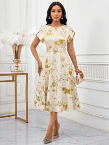 SHEIN Lady 女士优雅箔印花卉花瓣袖连衣裙，夏季 - 彩色 - 查看 6