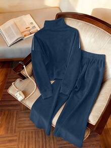 INAWLY Women's Short Zip-Up Tracksuit Set, Solid Color, Autumn/Winter - Royal Blue - View 2