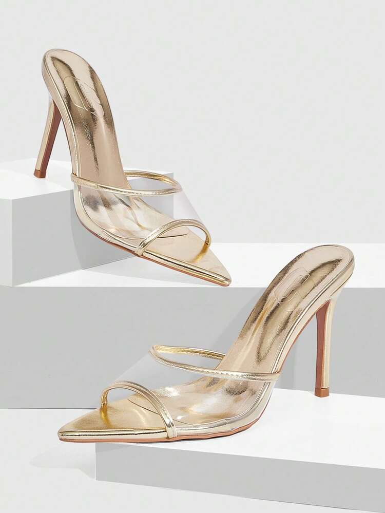 CUCCOO SZL Apricot Mirror Mesh Patchwork Fashionable Sexy Pointed Toe Mule High Heel Sandals For Women Prom Heels