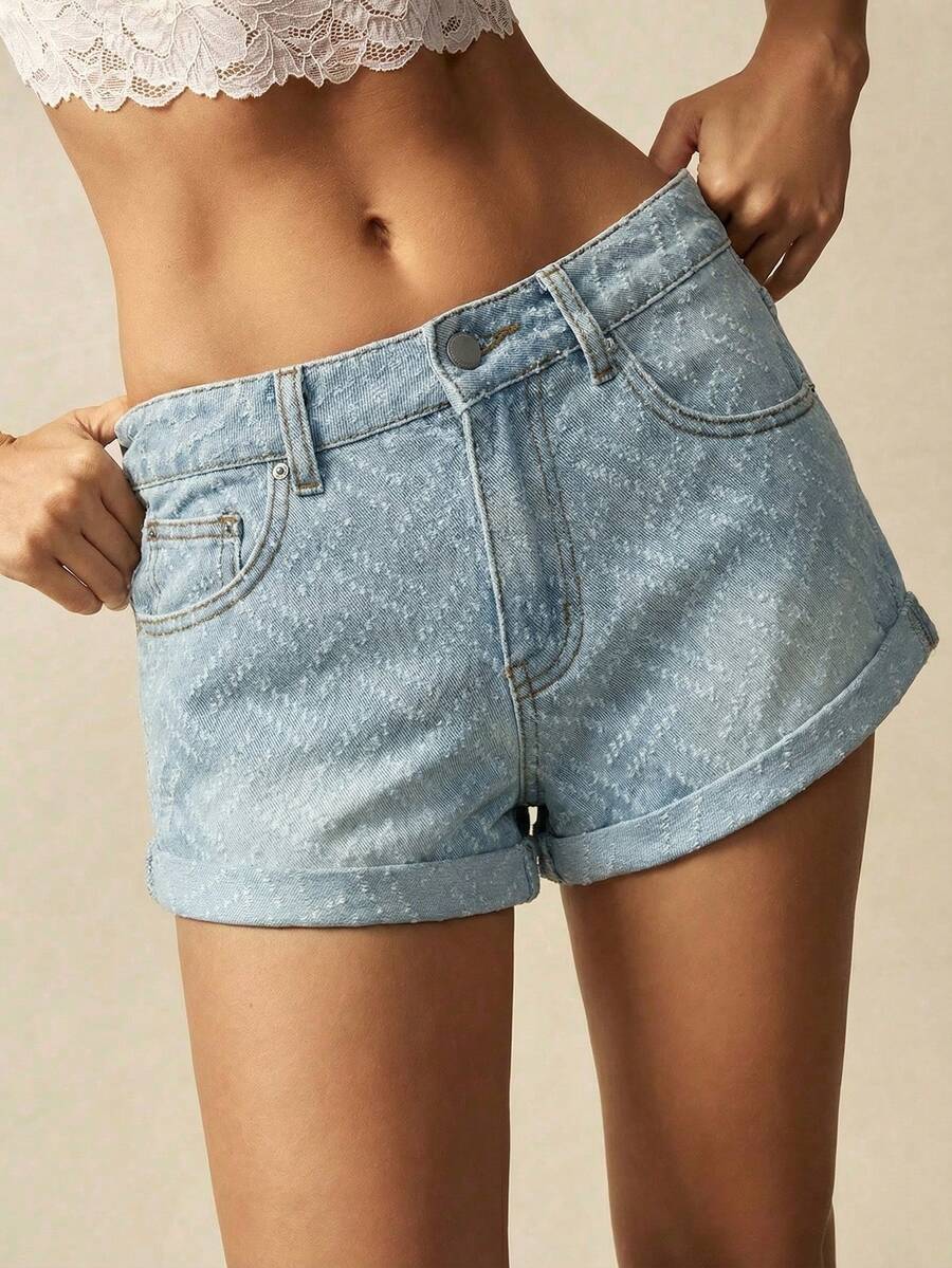 Bohemela 女士休闲日常通勤低腰水洗纹理面料卷边牛仔短裤，夏季 - 淺色水洗藍 - 查看 1