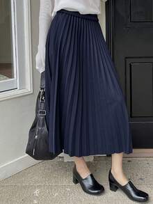 DAZY Women's Elegant Solid Color Pleated A-Line Skirt, Autumn - Navy Blue - View 6