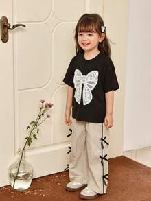 Genkimix Kids 2pcs/Set Young Girl Emboidery Bow Loose Sweet Shirt And Pants, School T-Shirt And Pants For Girl - Multicolor - View 6