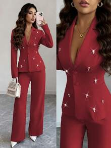 Elenzga بدلة نسائية أنيقة مع طوق واسع، أكمام طويلة، زخرفة باللؤلؤ، ملابس علوية ذو حافة مستقيمة وبنطال ذو ساق مستقيمة