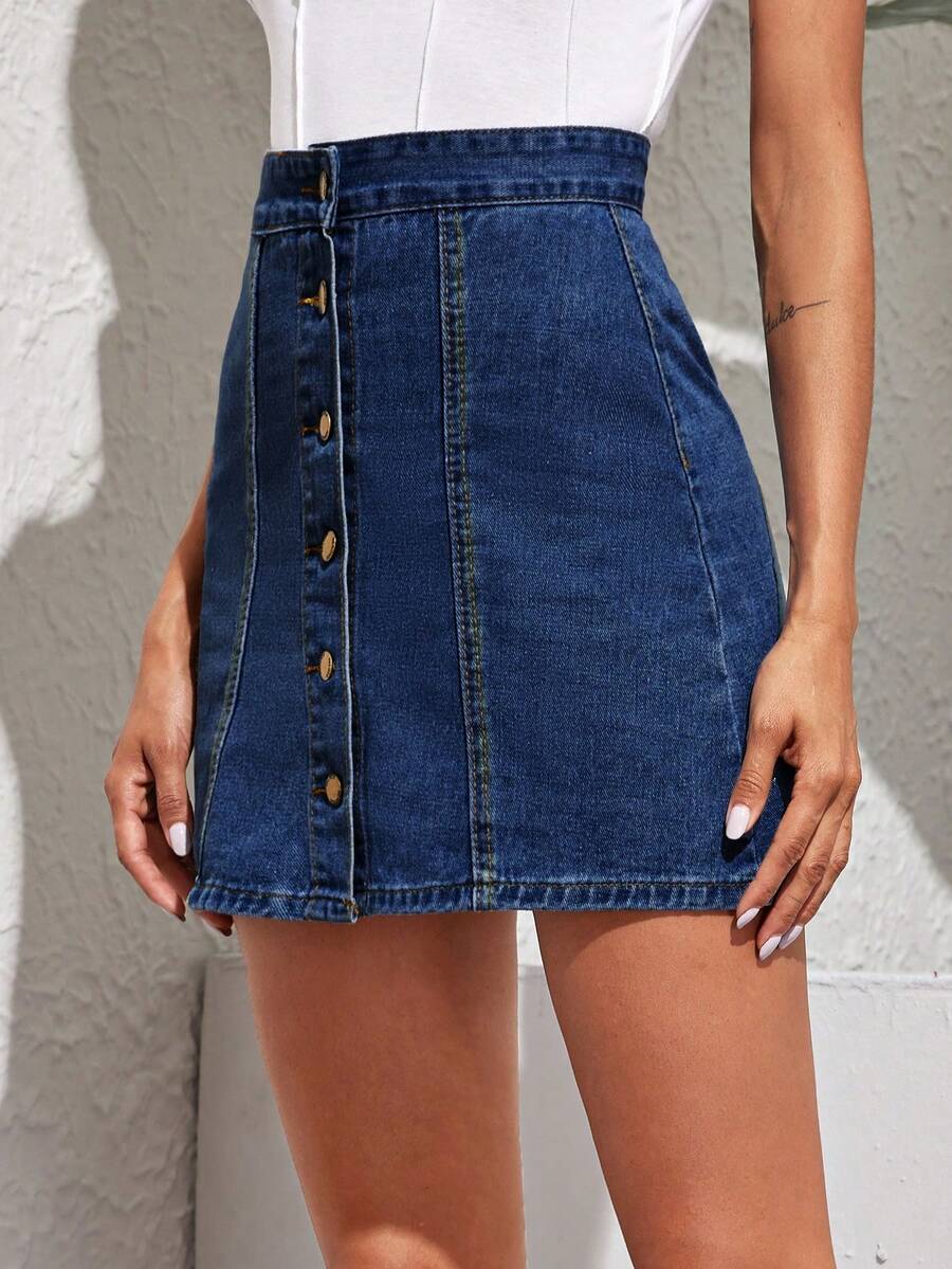 SHEIN PETITE Chân váy denim chữ A một hàng cúc dành cho nữ dáng nhỏ nhắn, thích hợp mặc mùa hè, hàng ngày, đi làm, đa năng. - Màu xanh lam - Xem 1