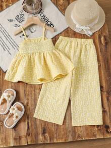 SHEIN LMoss Kids 女童日常休閒黃色聚酯纖維套裝，細肩帶背心上衣配荷葉邊下擺 - 黃色 - 查看 2