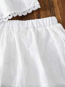 SHEIN 2pcs Girls Cute Hollow Out Top & Shorts Set, Summer - White - View 5