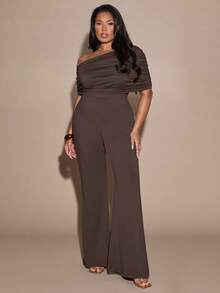 SHEIN BAE Spring And Summer Long Sleeve Jumpsuit Brown Pleated Jumpsuit Sexy Slim Plus Size Jumpsuit - Brown - View 6